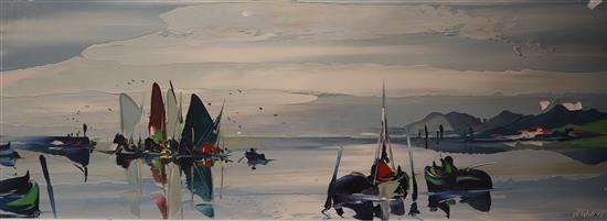 George R. Deakins, oil on board, Fishing boats in harbour, signed, 29 x 80cm